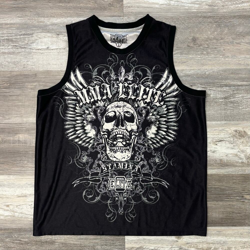 Vintage Y2K MMA Elite Black Mens L Grunge Mallgoth Skull Wing Tank Top‎ Cybery2k